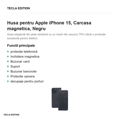 Husa Smart Suede pentru Apple iPhone 15, tip carte cu inchidere magnetica, Negru [1]