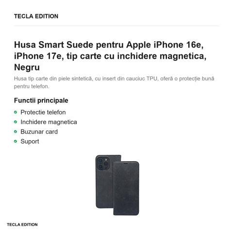Husa Smart Suede pentru Apple iPhone 16e, iPhone 17e, tip carte cu inchidere magnetica, Negru [1]