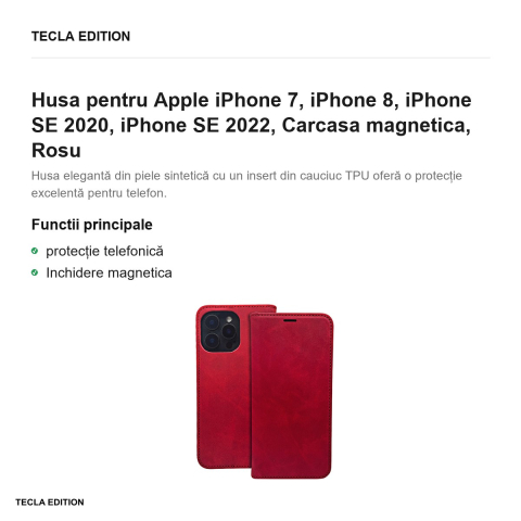 Husa Smart Suede pentru Apple iPhone 7, iPhone 8, iPhone SE 2020, iPhone SE 2022, tip carte cu inchidere magnetica, Rosu [1]