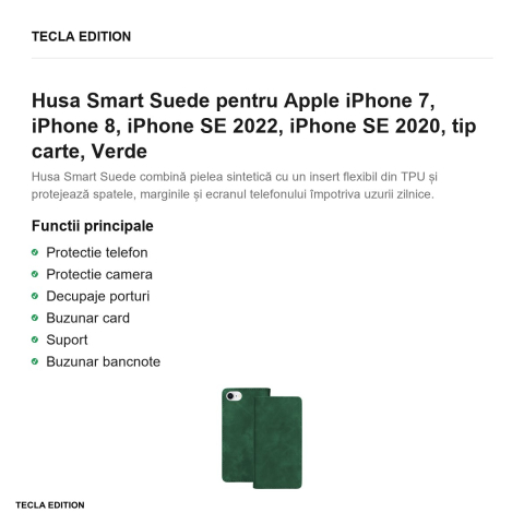 Husa Smart Suede pentru Apple iPhone 7, iPhone 8, iPhone SE 2022, iPhone SE 2020, tip carte, Verde [1]