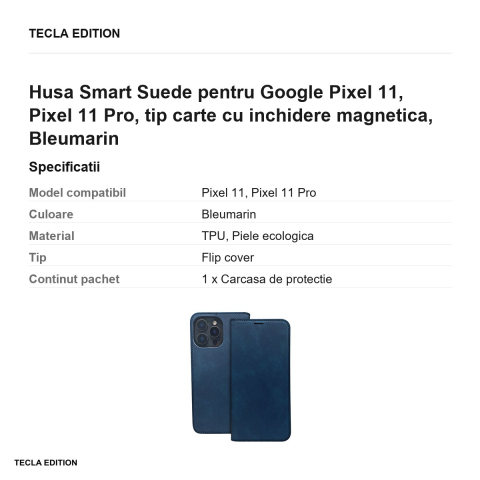 Husa Smart Suede pentru Google Pixel 11, Pixel 11 Pro, tip carte cu inchidere magnetica, Bleumarin [2]