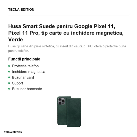 Husa Smart Suede pentru Google Pixel 11, Pixel 11 Pro, tip carte cu inchidere magnetica, Verde [1]