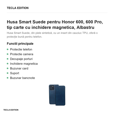 Husa Smart Suede pentru Honor 600, 600 Pro, tip carte cu inchidere magnetica, Albastru [1]