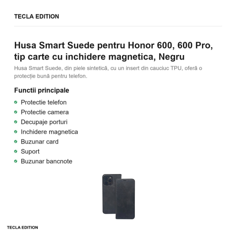 Husa Smart Suede pentru Honor 600, 600 Pro, tip carte cu inchidere magnetica, Negru [1]