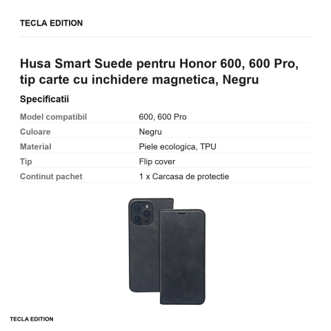 Husa Smart Suede pentru Honor 600, 600 Pro, tip carte cu inchidere magnetica, Negru [2]
