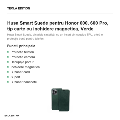 Husa Smart Suede pentru Honor 600, 600 Pro, tip carte cu inchidere magnetica, Verde [1]