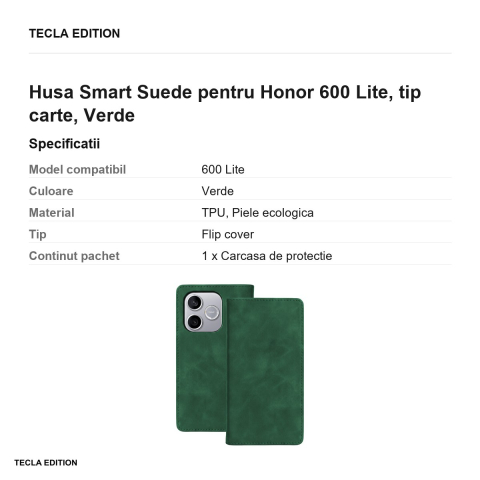 Husa Smart Suede pentru Honor 600 Lite, tip carte, Verde [2]
