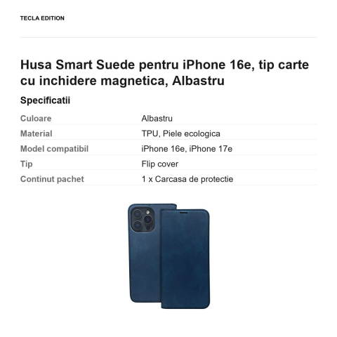 Husa Smart Suede pentru iPhone 16e, tip carte cu inchidere magnetica, Albastru [2]