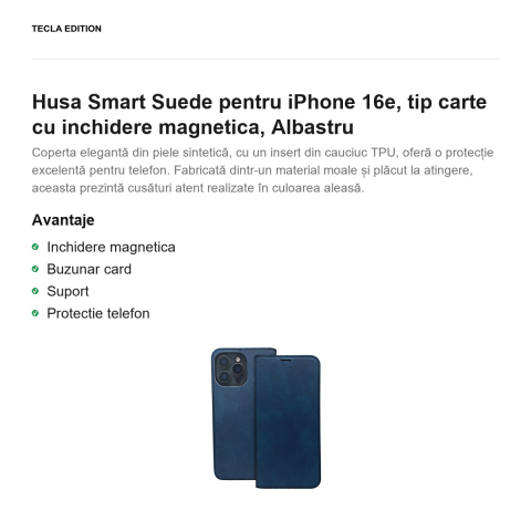 Husa Smart Suede pentru iPhone 16e, tip carte cu inchidere magnetica, Albastru [1]