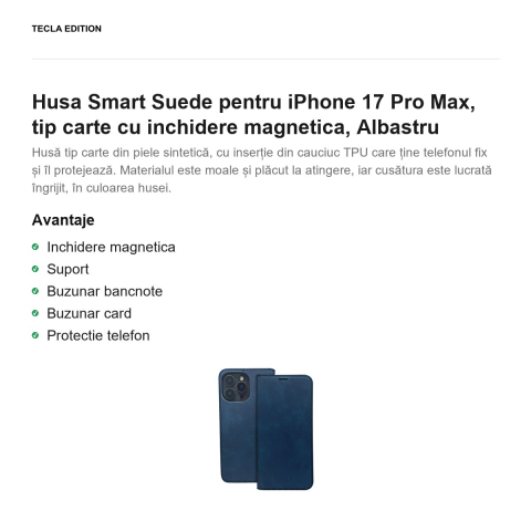 Husa Smart Suede pentru iPhone 17 Pro Max, tip carte cu inchidere magnetica, Albastru [1]