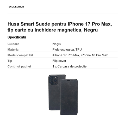 Husa Smart Suede pentru iPhone 17 Pro Max, tip carte cu inchidere magnetica, Negru [2]