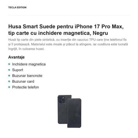 Husa Smart Suede pentru iPhone 17 Pro Max, tip carte cu inchidere magnetica, Negru [1]