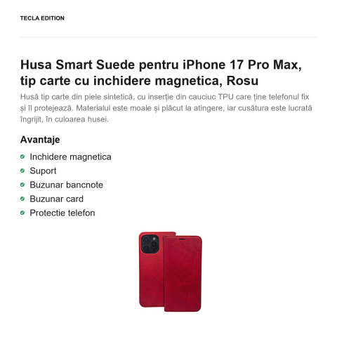 Husa Smart Suede pentru iPhone 17 Pro Max, tip carte cu inchidere magnetica, Rosu [1]