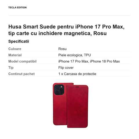 Husa Smart Suede pentru iPhone 17 Pro Max, tip carte cu inchidere magnetica, Rosu [2]
