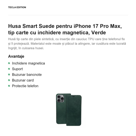 Husa Smart Suede pentru iPhone 17 Pro Max, tip carte cu inchidere magnetica, Verde [1]