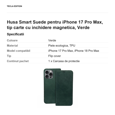 Husa Smart Suede pentru iPhone 17 Pro Max, tip carte cu inchidere magnetica, Verde [2]