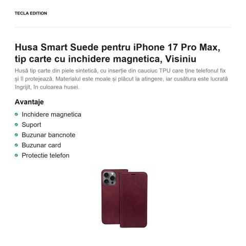 Husa Smart Suede pentru iPhone 17 Pro Max, tip carte cu inchidere magnetica, Visiniu [1]