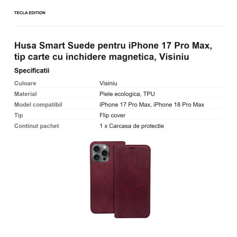 Husa Smart Suede pentru iPhone 17 Pro Max, tip carte cu inchidere magnetica, Visiniu [2]