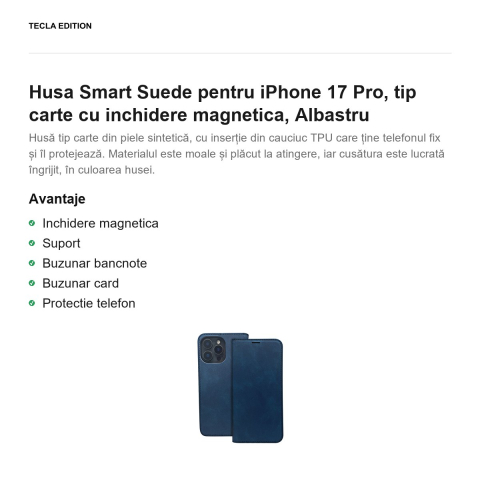 Husa Smart Suede pentru iPhone 17 Pro, tip carte cu inchidere magnetica, Albastru [1]