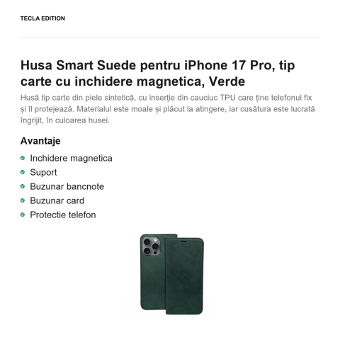 Husa Smart Suede pentru iPhone 17 Pro, tip carte cu inchidere magnetica, Verde [1]