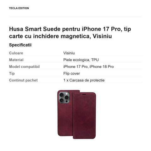Husa Smart Suede pentru iPhone 17 Pro, tip carte cu inchidere magnetica, Visiniu [2]