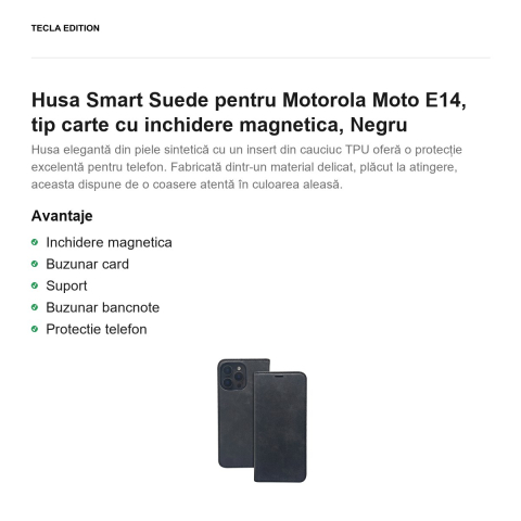 Husa Smart Suede pentru Motorola Moto E14, tip carte cu inchidere magnetica, Negru [1]