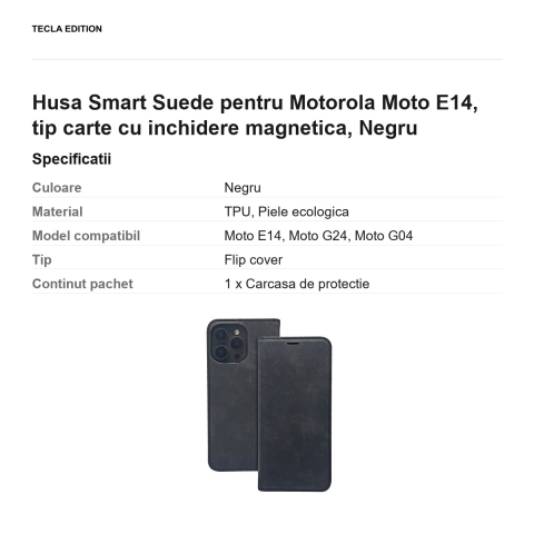 Husa Smart Suede pentru Motorola Moto E14, tip carte cu inchidere magnetica, Negru [2]