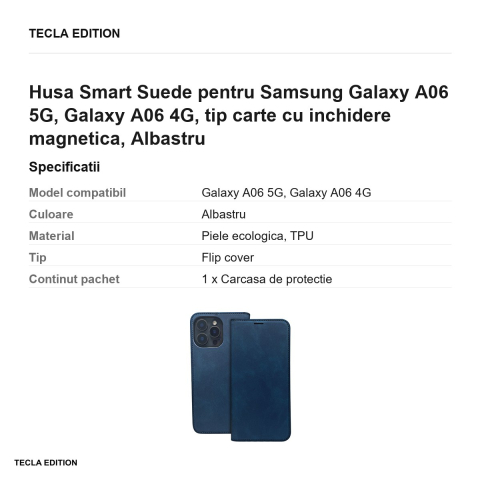 Husa Smart Suede pentru Samsung Galaxy A06 5G, Galaxy A06 4G, tip carte cu inchidere magnetica, Albastru [2]