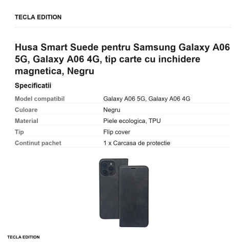 Husa Smart Suede pentru Samsung Galaxy A06 5G, Galaxy A06 4G, tip carte cu inchidere magnetica, Negru [2]