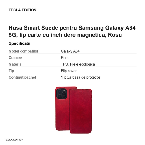Husa Smart Suede pentru Samsung Galaxy A34 5G, tip carte cu inchidere magnetica, Rosu [2]