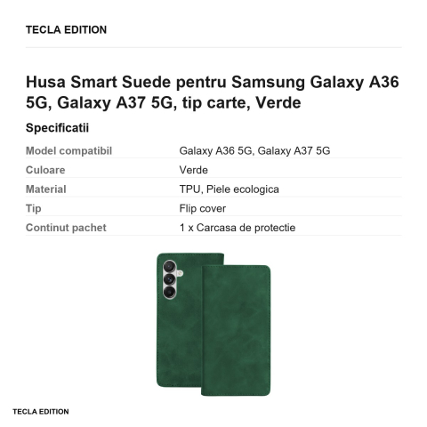 Husa Smart Suede pentru Samsung Galaxy A36 5G, Galaxy A37 5G, tip carte, Verde [2]