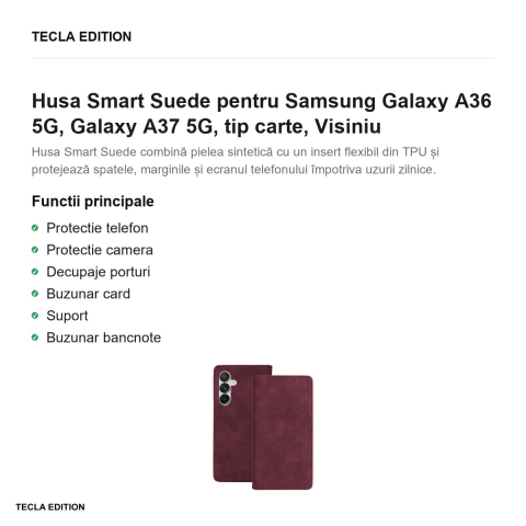 Husa Smart Suede pentru Samsung Galaxy A36 5G, Galaxy A37 5G, tip carte, Visiniu [1]