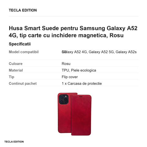 Husa Smart Suede pentru Samsung Galaxy A52 4G, tip carte cu inchidere magnetica, Rosu [2]