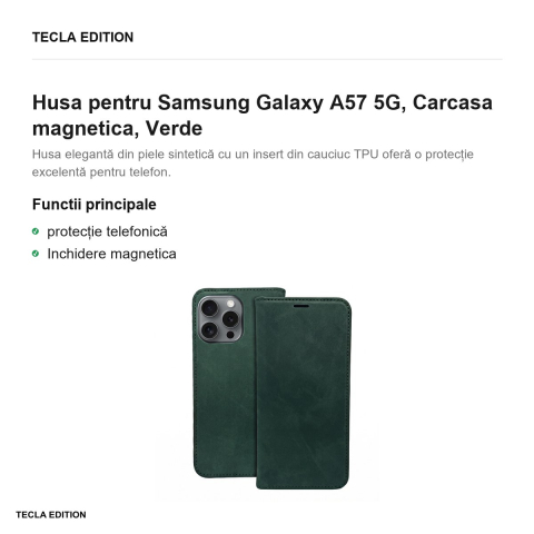 Husa Smart Suede pentru Samsung Galaxy A57 5G, tip carte cu inchidere magnetica, Verde [1]