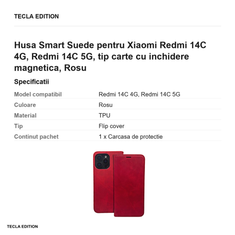Husa Smart Suede pentru Xiaomi Redmi 14C 4G, Redmi 14C 5G, tip carte cu inchidere magnetica, Rosu [2]