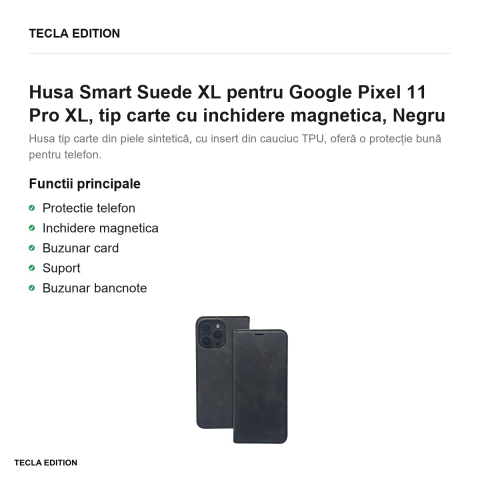 Husa Smart Suede XL pentru Google Pixel 11 Pro XL, tip carte cu inchidere magnetica, Negru [1]