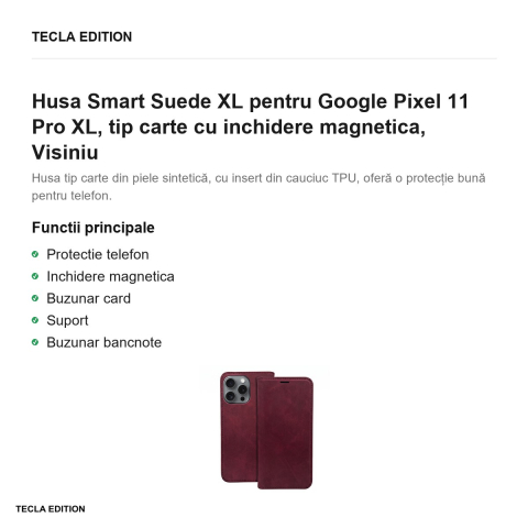 Husa Smart Suede XL pentru Google Pixel 11 Pro XL, tip carte cu inchidere magnetica, Visiniu [1]