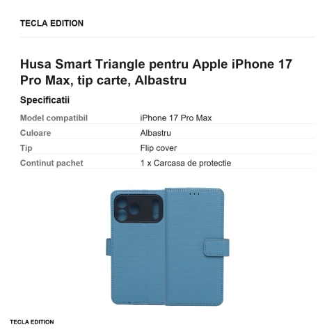 Husa Smart Triangle pentru Apple iPhone 17 Pro Max, tip carte, Albastru [2]