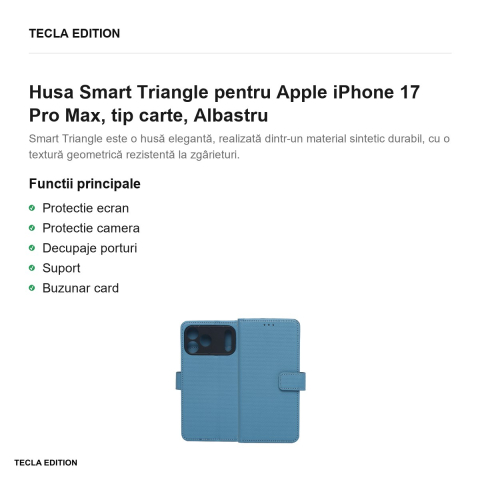 Husa Smart Triangle pentru Apple iPhone 17 Pro Max, tip carte, Albastru [1]