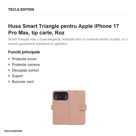 Husa Smart Triangle pentru Apple iPhone 17 Pro Max, tip carte, Roz [1]
