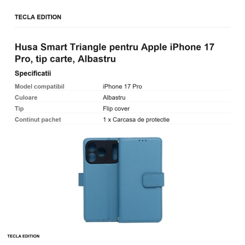 Husa Smart Triangle pentru Apple iPhone 17 Pro, tip carte, Albastru [2]
