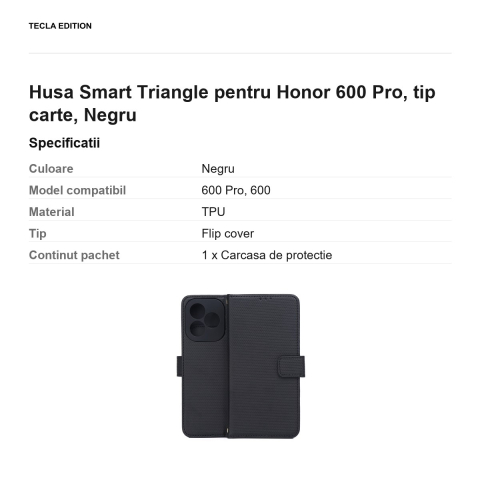 Husa Smart Triangle pentru Honor 600 Pro, tip carte, Negru [2]