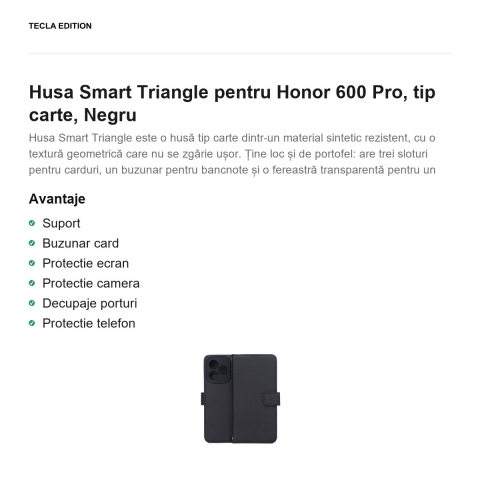 Husa Smart Triangle pentru Honor 600 Pro, tip carte, Negru [1]