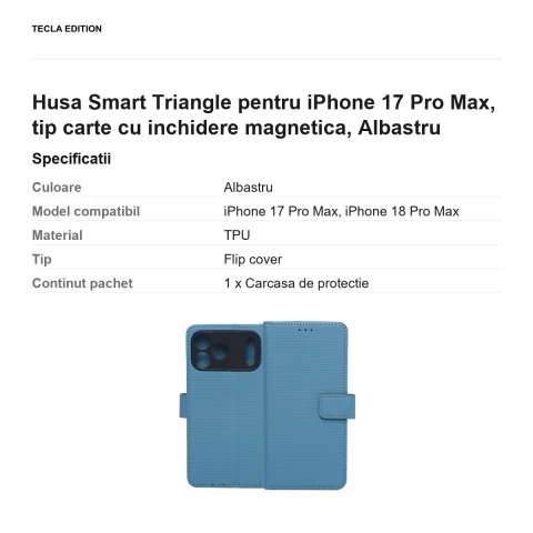 Husa Smart Triangle pentru iPhone 17 Pro Max, tip carte cu inchidere magnetica, Albastru [2]