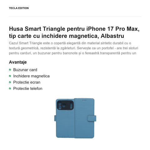 Husa Smart Triangle pentru iPhone 17 Pro Max, tip carte cu inchidere magnetica, Albastru [1]