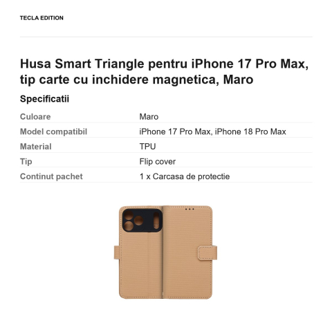 Husa Smart Triangle pentru iPhone 17 Pro Max, tip carte cu inchidere magnetica, Maro [2]