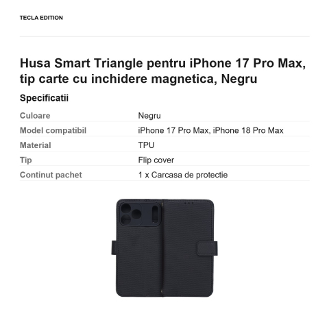 Husa Smart Triangle pentru iPhone 17 Pro Max, tip carte cu inchidere magnetica, Negru [2]