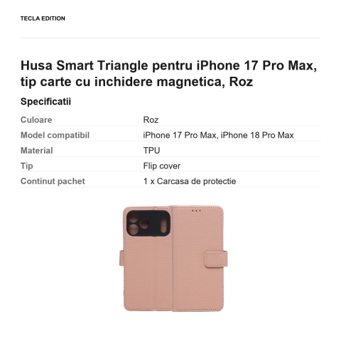 Husa Smart Triangle pentru iPhone 17 Pro Max, tip carte cu inchidere magnetica, Roz [2]