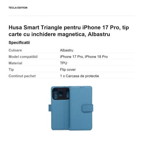 Husa Smart Triangle pentru iPhone 17 Pro, tip carte cu inchidere magnetica, Albastru [2]