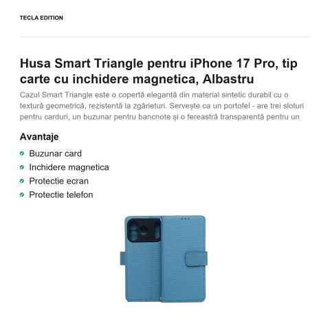 Husa Smart Triangle pentru iPhone 17 Pro, tip carte cu inchidere magnetica, Albastru [1]
